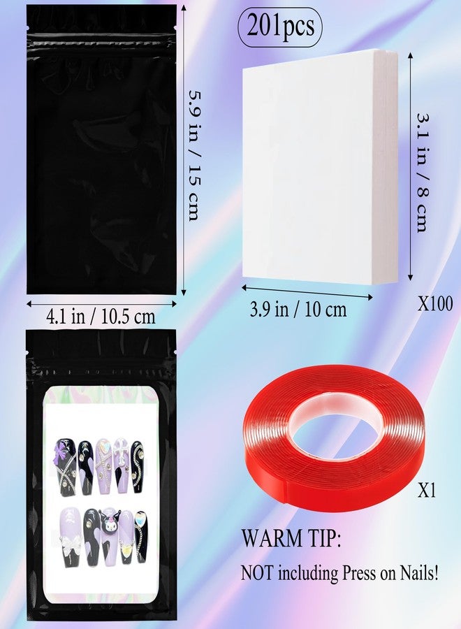 Qenk 100PCS Empty Solid Black Holographic Nail Storage Bag Press on Nail Packaging Bag and 100PCS Shiny white cardboard Nail Tips Packaging Bags with 1 Roll Transparent Tape - Image 2